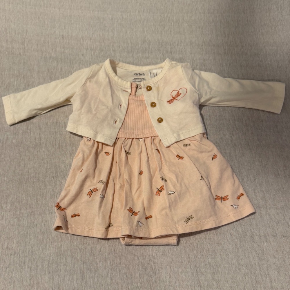 Carters Newborn Girls 2pc Dragonfly Dress Bodysuit and Cardigan Set Peach Cream